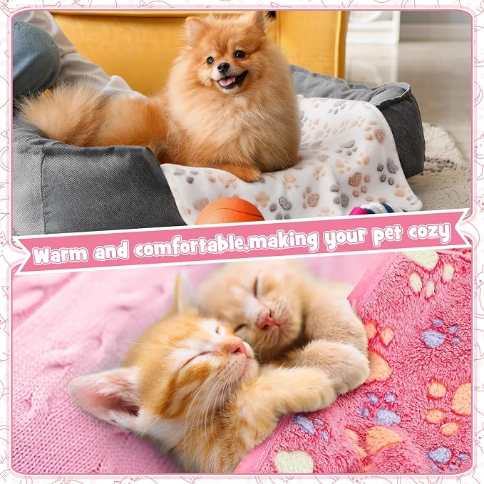 Tegeme 12 Pcs Pet Blankets 23 x 16 Inch Soft Fluffy Fleece Dog Cat Warm Paw Print Pattern Blankets Flannel Throw for Pets Dog Puppy Cat(Pink,Beige,Camel)