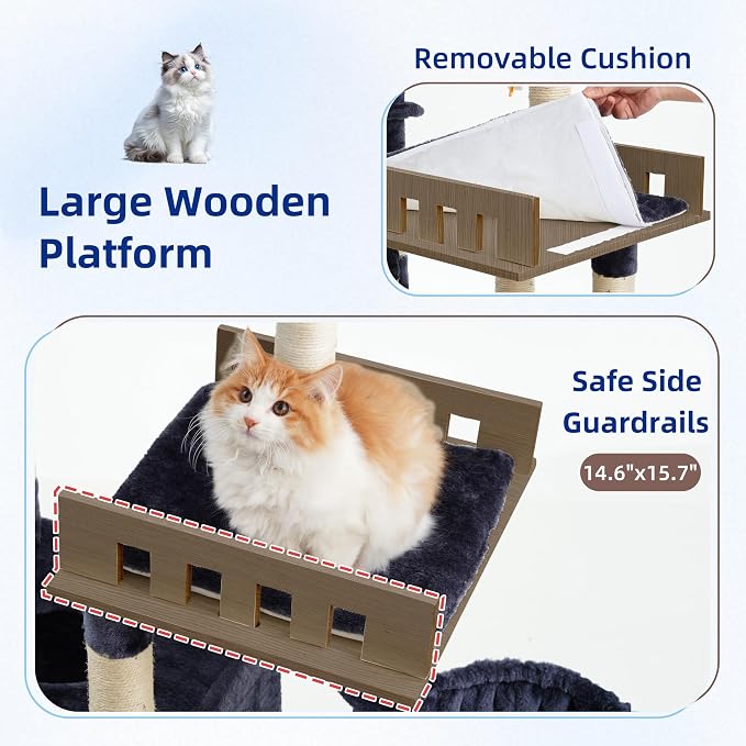 Gitelsnour Cat Tree for Indoor Cats Large Adult, Heavy Duty Cat Tree for Large Cats 20 lbs+, Cat Condo with Big Wooden Perch, Cat Tower with 14 Scratching Posts, Hammock, Smoky Gray GCT023G