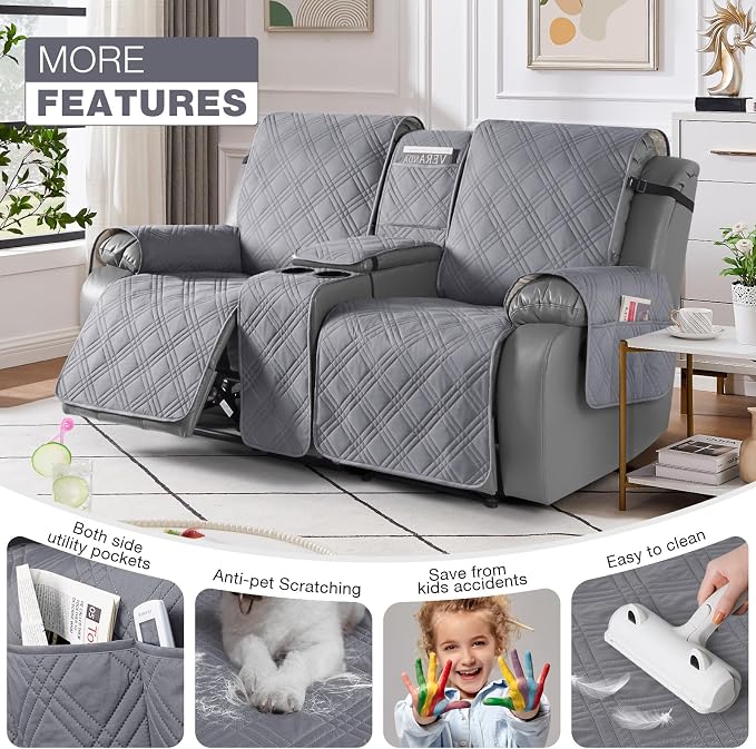 TAOCOCO Loveseat Recliner Cover with Center Console, 100% Waterproof Pet Covers for Dual Recliner with Straps Design, Split Reclining Loveseat Cover Furniture Pet&Kids Protector (2 Seater, Gray)