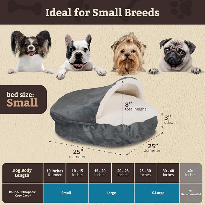 Snoozer Cozy Cave Dog Bed - Indoor Dog Bed with Cover Cave, Covered Calming Burrow for Small Sized Pets with Blanket Attached, Enclosed, Removable Washable Cover - Small, Anthracite