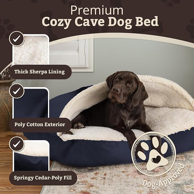 Snoozer Rectangle Cozy Cave Dog Bed - Indoor Dog Bed with Cover Cave, Covered Calming Burrow for Small & Medium Sized Pets with Blanket Attached, Enclosed, Washable Cover - Medium, Navy