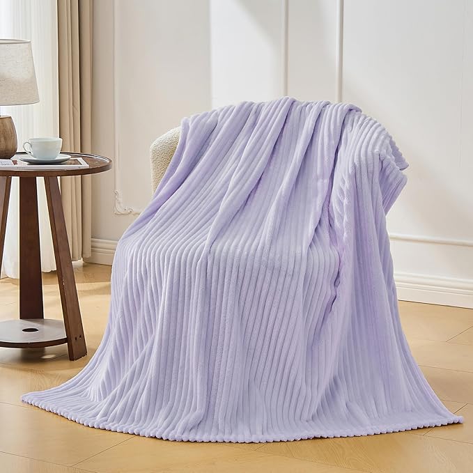 Bnuitland Fleece Throw Blanket for Couch, 300GSM Soft Warm Cozy Fluffy Throw for Adults & Kids, Stripe Pattern, All Season Sofa Bed Blanket for Home Decor, Light Purple 50"x70"
