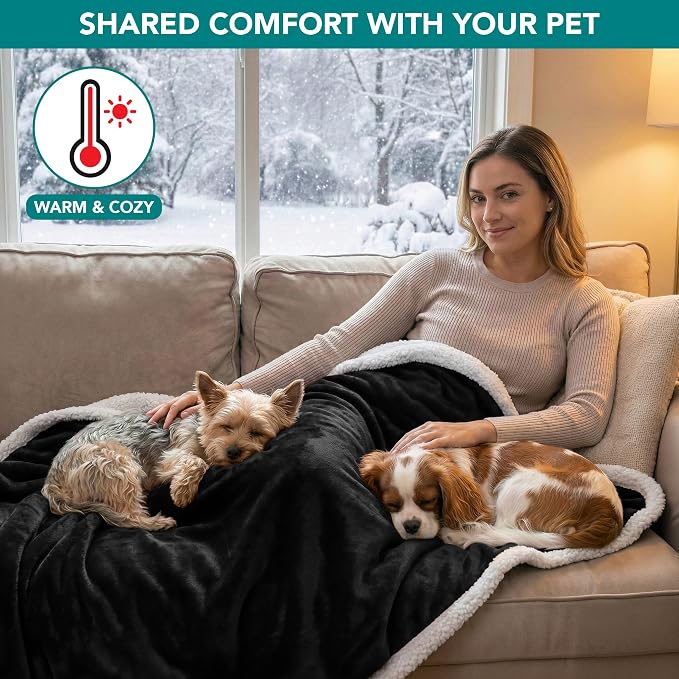 PetAmi Waterproof Dog Blanket for Couch, Large 60x40, Pee Proof Sherpa Fleece Reversible Pet Throw, Furniture Protector for Bed Sofa Kennel, Soft Washable Cover for Medium Dogs Cats, Black