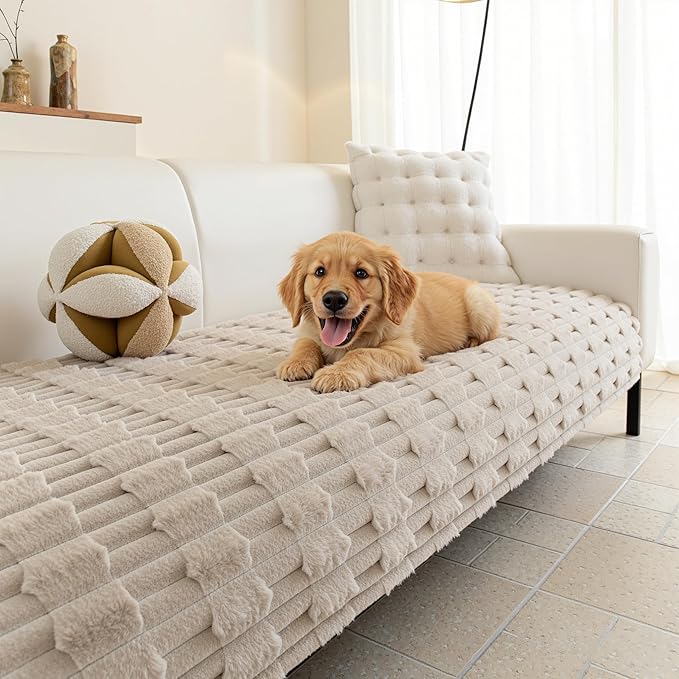 MYSKY HOME 100% Waterproof Couch Cover for Dogs, Plush Pet Couch Covers for Sofa Washable, Couch Covers for 3 Cushion Sofa Pet Friendly, Non-Slip Durable Sofa Cover Slipcover Protector, Khaki, 35"x83"