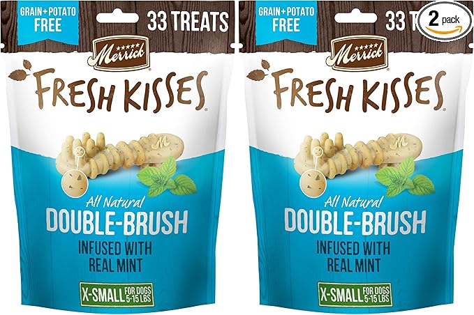 Merrick Fresh Kisses Natural Dental Chews Toothbrush Treat Shape Infused with Real Mint for Tiny Dogs 5-15 Lbs - 33 ct. Bag (Pack of 2)