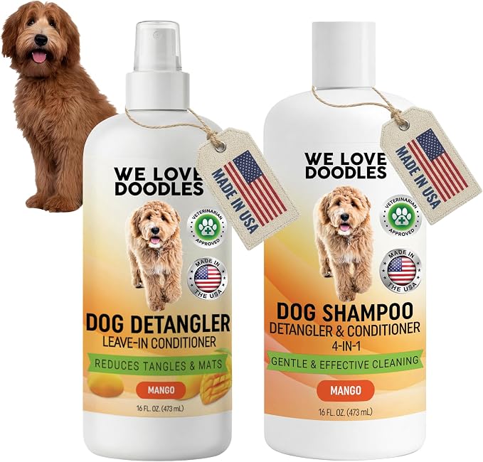 Dog Shampoo and Conditioner & Detangler - Best Goldendoodles, Poodles & Doodle Shampoo for Smelly Dogs, Sensitive Skin Puppy Shampoo, Goldendoodle Must Haves (Shampoo & Detangler (Mango))
