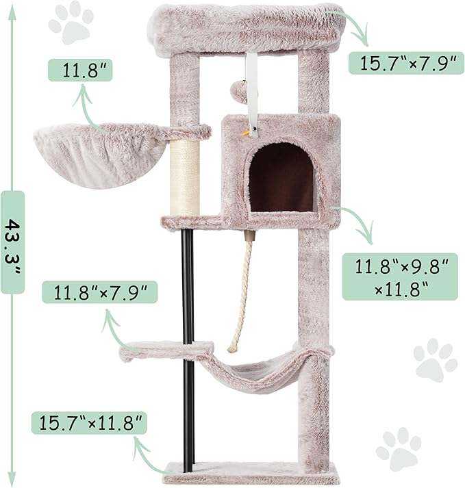Gitelsnour Cat Tree, Cat Tower for Indoor Cats, 43.3 inch Cat Tree Tower with Sturdy Steel Tube, Cat Hammock, Cat Condo for Small Cats and Kittens, Cat Scratching Post, Muchroom GCT004SMU