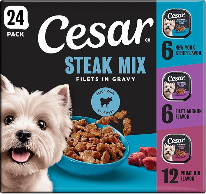 Cesar Filets in Gravy Adult Wet Dog Food Variety Pack, Filet Mignon, New York Strip, and Prime Rib Flavors, 3.5 oz. Easy Peel Dog Food Tray, 24 Count (Pack of 1)
