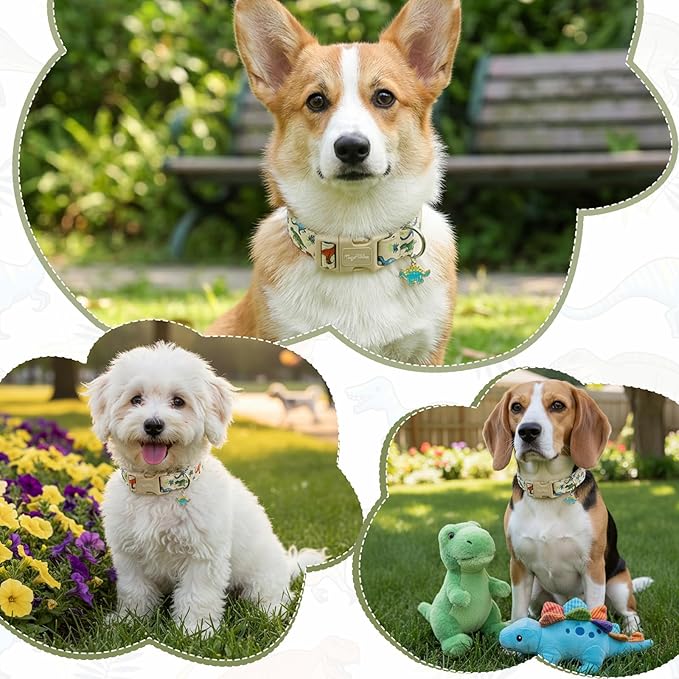 Dinosaur Dog Collar, Cute Boy Dog Collars for Small Medium Large Dogs, Soft Cotton Adjustable Puppy Collar with Dino Pattern, Male Dogs Pet Collar for Gifts & Daily Use-L