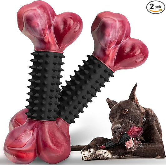 2-Pack Tough Dog Toys for Aggressive Chewers: Bacon Flavored Long Lasting Dog Bones for Large Dogs, Heavy Duty Nylon & Rubber Dog Chew Toys to Keep Them Busy, Medium & Large Breed, Black