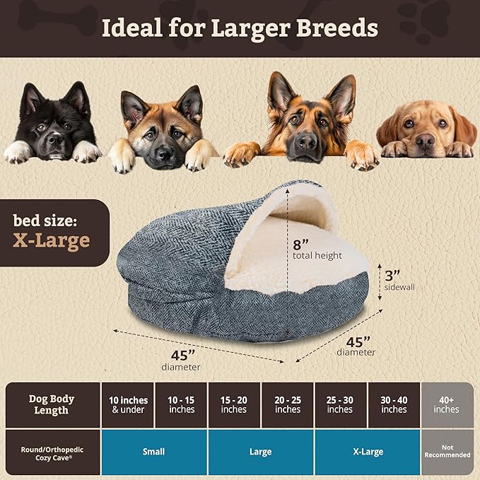 Snoozer Cozy Cave Dog Bed - Indoor Dog Bed with Cover Cave, Covered Calming Burrow for Medium & Large Sized Pets with Blanket Attached, Enclosed, Removable Washable Cover - XL, Palmer Indigo