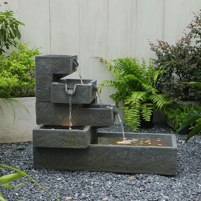 Sunlinua 26" H Outdoor Water Fountain with 4 Tiers Cascading Rock Texture Waterfall Fountains with LED Lights Outdoor Water Fountain for Garden Patio Backyard Porch Home Decor
