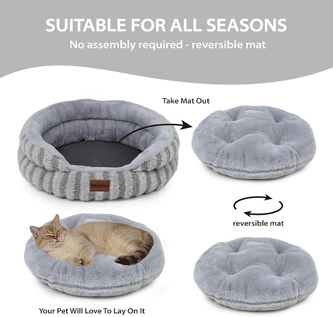 Cat Bed Kitten Bed - Washable Round Cat Beds for Indoor Cats, Soft Corduroy Fleece Pet Bed for Puppy and Kitten with Removable Double Sided Inner Cousion, 20", Grey