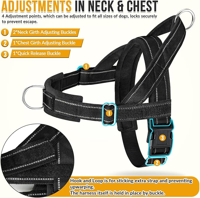 Lukovee No Pull Dog Harness and Leash Set - Adjustable Soft Padded Vest with Front Clip for Easy Control, Reflective Durable Harness for Safe Daily Training Walking for Medium Large Dogs (L, Black)
