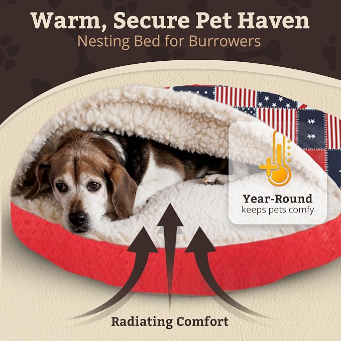 Snoozer Cozy Cave Dog Bed - Indoor Dog Bed with Cover Cave, Covered Calming Burrow for Small Sized Pets with Blanket Attached, Enclosed, Removable Washable Cover - Small, Starpatch Red Diamond
