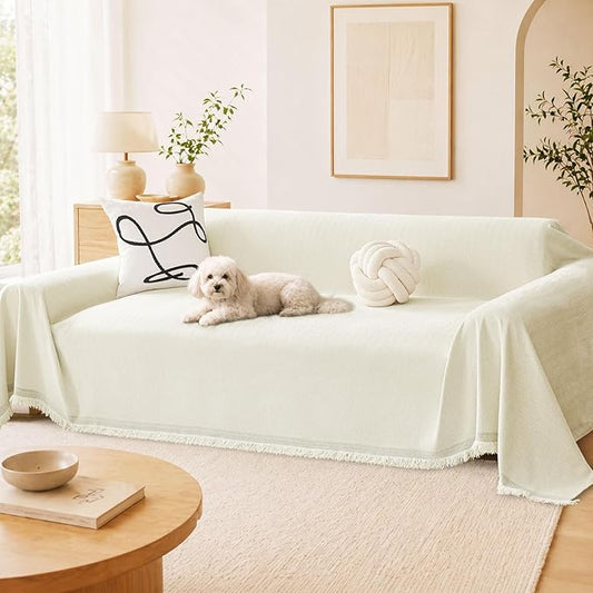 hyha Couch Cover for Dogs, Boho Sofa Covers for 3 Cushion Couch Washable, Chenille Sofa Slipcover for Pets, Soft Loveseat Sectional Couch Throw Blankets with Tassels (Beige, 88.5x134 Inch)