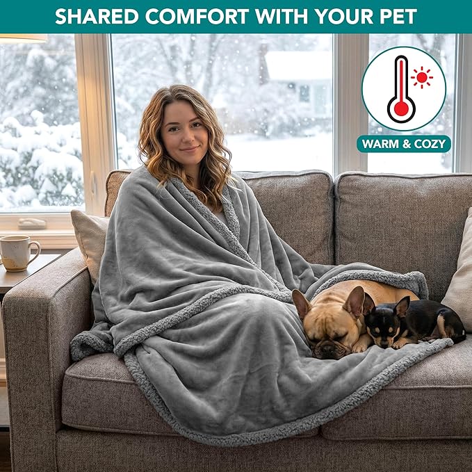 PetAmi Waterproof Dog Blanket for Couch, Queen 90x90, Pee Proof Sherpa Fleece Reversible Pet Throw, Furniture Protector for Bed Sofa, Soft Washable Cover for Large Dogs Cats, Light Grey