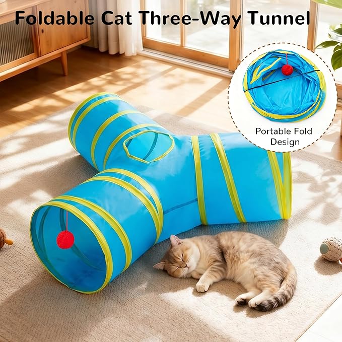 Tempcore Cat Tunnel for Indoor Cats, 3 Way Collapsible Pet Play Tunnel with Teaser Wand, Peek Holes & Hanging Ball, Interactive Tube for Kittens & Rabbits, Blue & Yellow