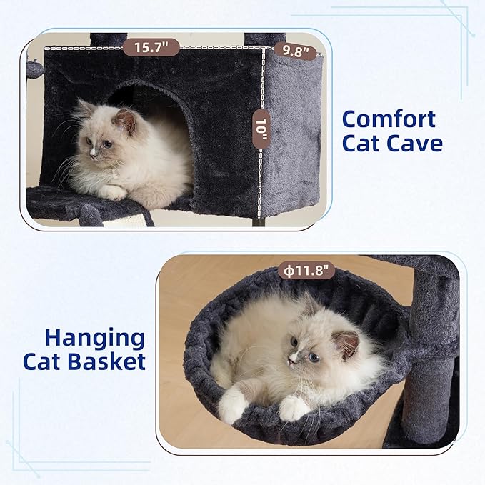 Gitelsnour Cat Tree for Indoor Cats, Cat Tower with Scratching Post for Small Cats and Kittens, Cat House with Removable Top Platform and Fluffy Balls, Hanging Cat Basket, Smoky Gray GCT006SG