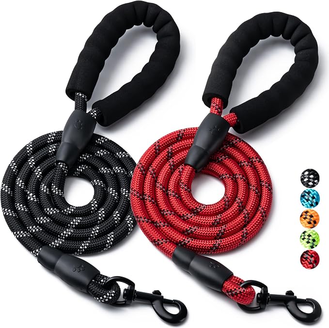 2 Pack Dog Leash, 4/5//6 FT Heavy Duty Nylon Rope Pet Leashes with Comfortable Padded Handle, Reflective Dog Leashes for Small Medium and Large Dogs (4FT-3/8,Black/Red)