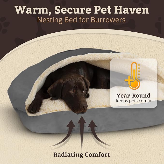 Snoozer Rectangle Cozy Cave Dog Bed - Indoor Dog Bed with Cover Cave, Covered Calming Burrow for Medium & Large Sized Pets with Blanket Attached, Enclosed, Washable Cover - Large, Anthracite