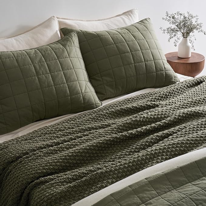 EVERGRACEHOME Chunky Polyester Knit Throw Blanket for Couch, Soft Luxurious Oversized King Moss Stitch Blanket for Bed, Large Cozy Farmhouse Knitted Throw for Sofa, Olive Green, 92" x 108"