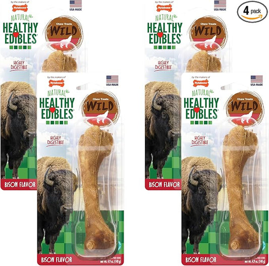Nylabone Healthy Edibles Wild Natural Long-Lasting Bison Flavor Bone Chew Treats for Dogs, Large (1 Count) (Pack of 4)