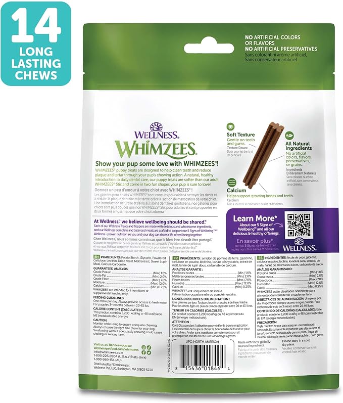 Wellness WHIMZEES Puppy Natural Dog Dental Treat, Chews, Freshens Breath, Medium/Large Size, 7.9 oz Bag, 14 Count