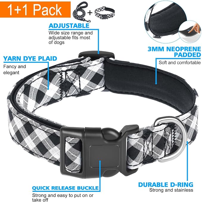 Ladoogo Reflective Dog Collar Padded with Soft Neoprene Breathable Adjustable Nylon Dog Collars for Small Medium Large Dogs (Medium (Pack of 1), Black Plaid Collar+Leash)