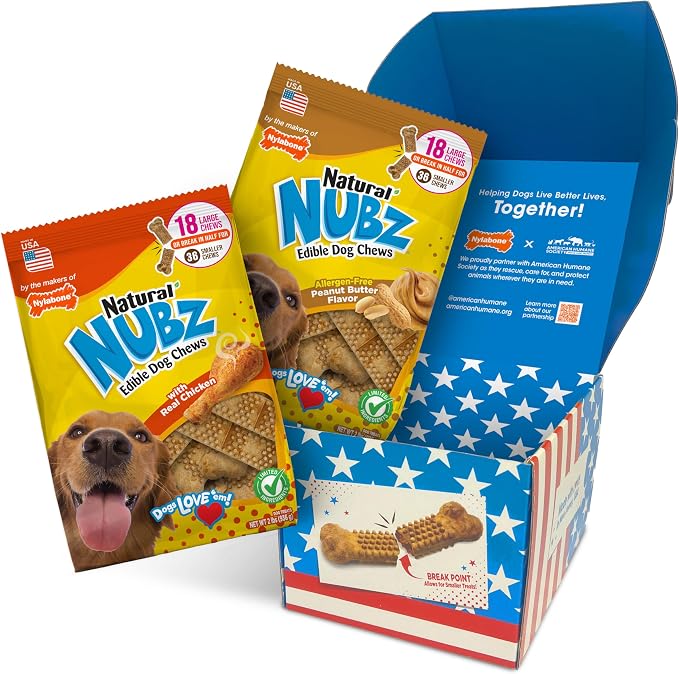 Nylabone Nubz Natural Dog Chew Treats for Large Dogs, Long Lasting Chew Bones Made in the USA, Chicken & Peanut Butter Flavor Dog Treats, for Dogs Over 30 lbs. (36 Count)