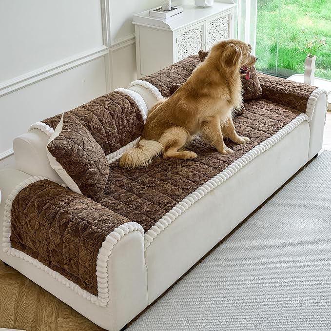 Fuzzy Couch Covers for Dogs, Non Slip Thick Dog Couch Cover Protector, Plush Pet Couch Covers for Sofa Washable, Soft Sofa Cushion Slipcovers Pet Friendly(1PC, Brown, 27.6”x59.1”)