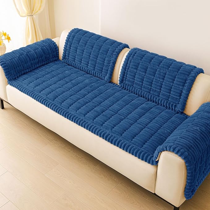 hyha Couch Cover for Dogs Washable, Non Slip Thick Flannel Sofa Protector, Pet Friendly Plush Furniture Cover for Sectional Sofa & Loveseat (Navy Blue, 43" x 82.7")