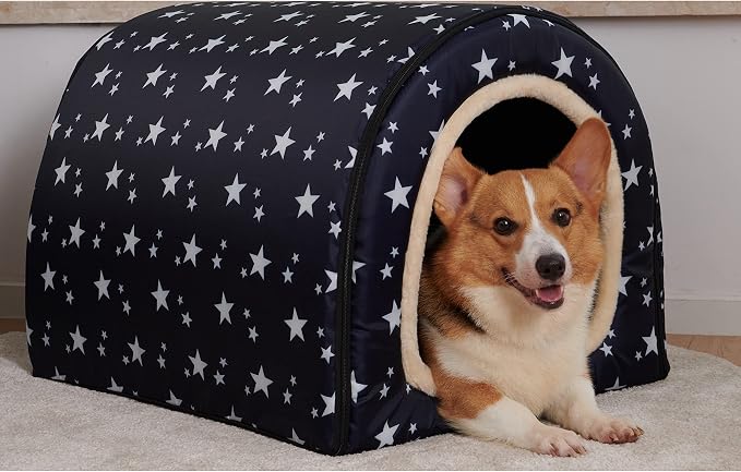 Dog Bed,2 Ways to Use,Indoor Pet House with Fluffy Mat,Removable and Washable Cover,Splash-Proof House and Non-Slip Bottom,for Large Dogs(XL Star)