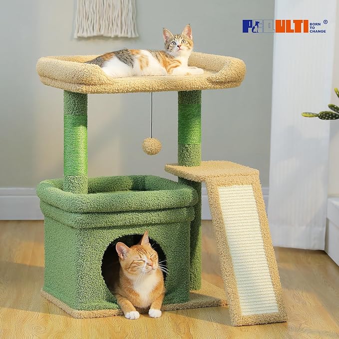 PEQULTI Small Cat Tree Cactus Cat Tower for Large Adult Cats with Wide Top Perch, Private Cat Condo and Sisal Scratching Post&Pad for Indoor Cats, Green