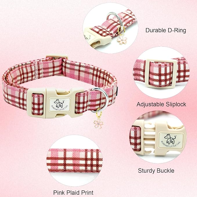 Elegant little tail Dog Collar-Cute Dog Pet Collars Pink Plaid Print Puppy Adjustable Soft Cotton Girl Boy Collars for Small Medium Large Dogs, X-Small