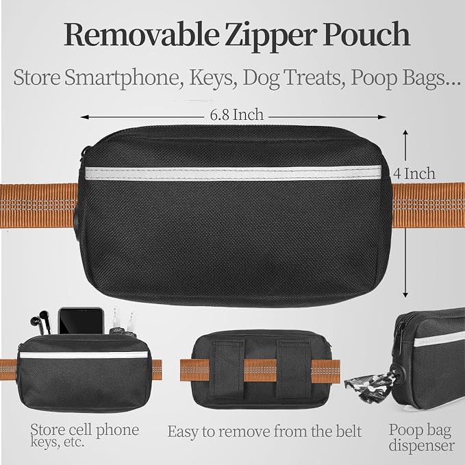 iYoShop Hands Free Dog Leash with Zipper Pouch, Dual Padded Handles and Durable Bungee for Walking, Jogging and Running Your Dog (Large, 25-120 lbs, Brown)