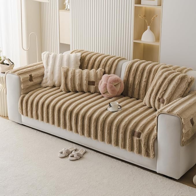 Fuzzy Rabbit Plush Sofa Cover Thick Soft Fur Sectional Couch Cover Furry Fluffy Cushion Cover Non-Slip Sofa Slipcovers Vertical Stripe Furniture Protector for Dogs Cats(Coffee,28"x70")
