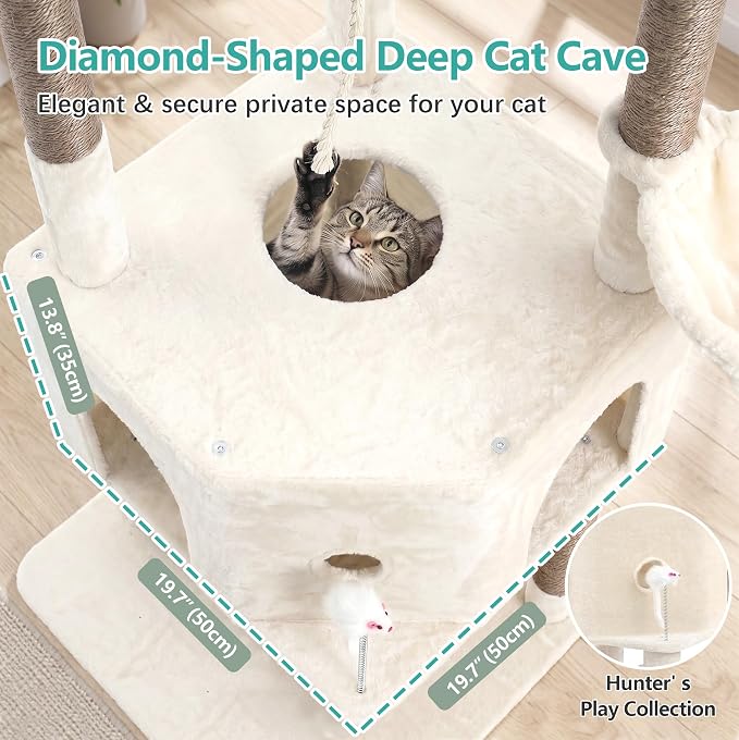 Cat Tree, 81.1" Skyward Corner Cat Tower for Large Cats with Diamond Hideout, Space-Smart Cat Furniture with Grand Platform, Firm Base, 3 Soft Hammock & Pet Relax Station, Beige VCT031MJ