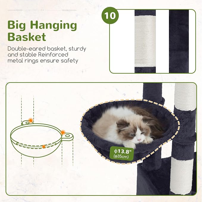 Gitelsnour Sturdy Cat Tree with 3 Large Cat Condos, 3 Platfroms, 71.7'' Cat Tree Tower for Indoor Cats Large Adult, Heavy Duty Cat Tower with 10 Scratching Posts for 20 lbs+Cats, Drak Gray GCT036G