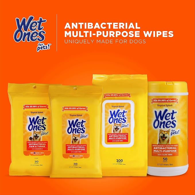 Wet Ones for Pets Paw and Tushie Dog Wipes with Chamomile, Tropical Splash Scent - Cleansing Grooming Wipes for Dog Paws and Butt Between Baths, Wet Lock Seal, 30 Count - 8 Pack