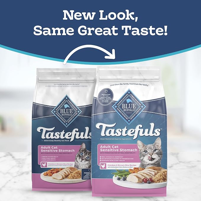 Blue Buffalo Tastefuls Chicken & Brown Rice Recipe Sensitive Stomach Adult Dry Cat Food, Real Chicken First, Deliciously Healthy Natural Cat Food, Natural Ingredients, Supports Digestion, 7-lb Bag