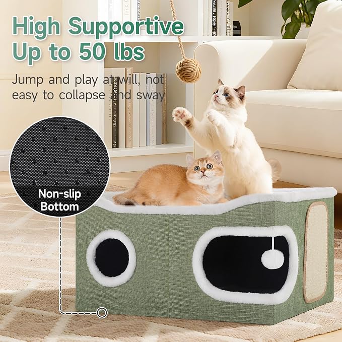 Cat Beds for Indoor Cats, Extra Wide Cat Cube House for Multi Cats, Foldable Cat Cave Hideaway with Arc-Edge Design & Oval Door, Double-Side Soft Cushion for All Seasons, 24"L x 17.7"D x 12.6"H, Green