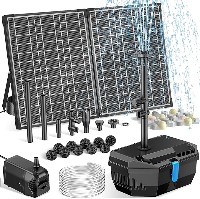 NFESOLAR 30W Solar Pond Filter Kit with Fountain Pump, 210 GPH Solar Pond Pump & Outdoor Filter Box, Submersible Water Pump with 16.4FT Cable & 6.6FT Tubing for Koi Pond, Fish Tank, Garden Fountain