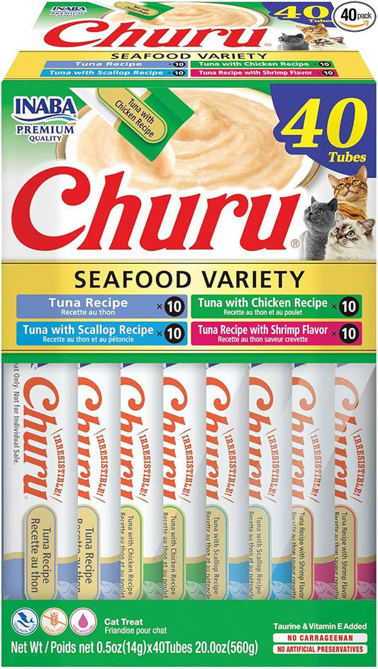 INABA Churu Cat Treats, Lickable, Squeezable Creamy Purée Cat Treat with Green Tea Extract & Taurine, 0.5 Ounces Each Tube, 40 Tubes, Tuna & Seafood Variety Box