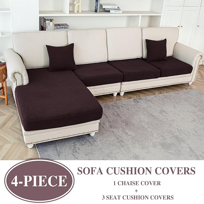 LA MEACK Couch Cushion Covers for Sectional Sofa L Shape Washable Separate Seat Chaise Couch Cover Stretch Sofa Slipcovers with 2 Pcs Pillowcases(3 Seater + 1 Chaise, Brown)
