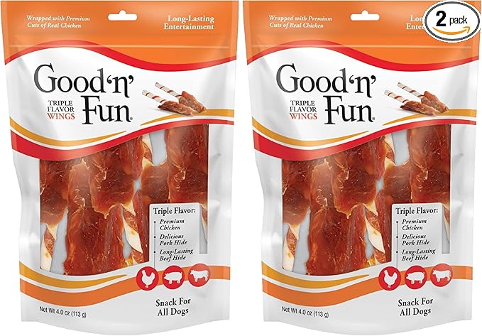 GOOD 'N' FUN Wings Long-Lasting Dog Treat, with Real Proteins, Premium Chicken and Beef Hide, Supports Dental Health, Mental Stimulation, 4 oz (Pack of 2)