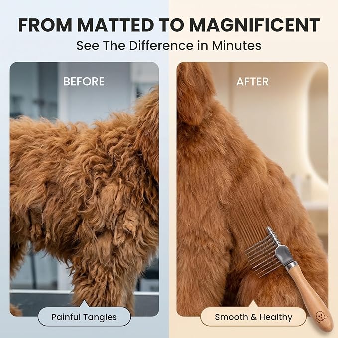 Dog Dematting Brush & Rake, Detangler Brush for Dogs, Comb Tool for Grooming, Best for Doodles, Poodles, Goldendoodles, Cats & Other Pets, Matted Fur Removal On Undercoat [We Love Doodles]