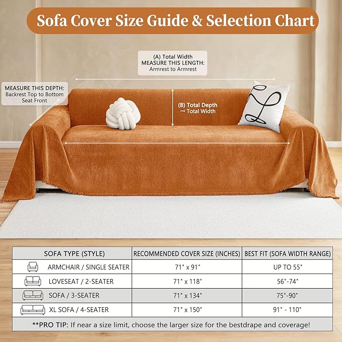 hyha Couch Cover for Dogs, Boho Sofa Covers for 3 Cushion Couch Washable, Chenille Sofa Slipcover for Pets, Soft Loveseat Sectional Couch Throw Blankets with Tassels (Orange, 88.5x150 Inch)
