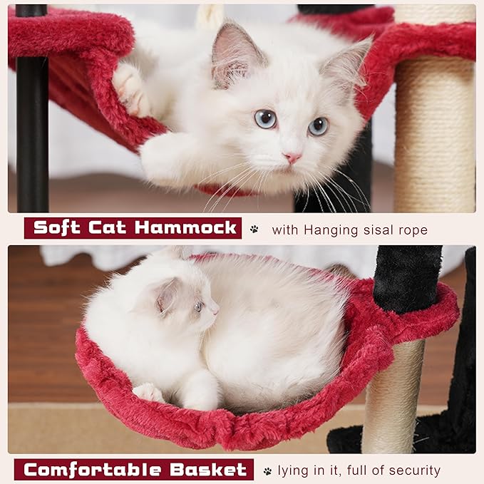 Gitelsnour Cat Tree, Cat Tower for Indoor Cats, 43.3 inch Gothic Cat Tree Tower with Sturdy Steel Tube, Hammock, Cat Condo for Small Cats and Kittens, Scratching Post, Black and red GCT004SBR