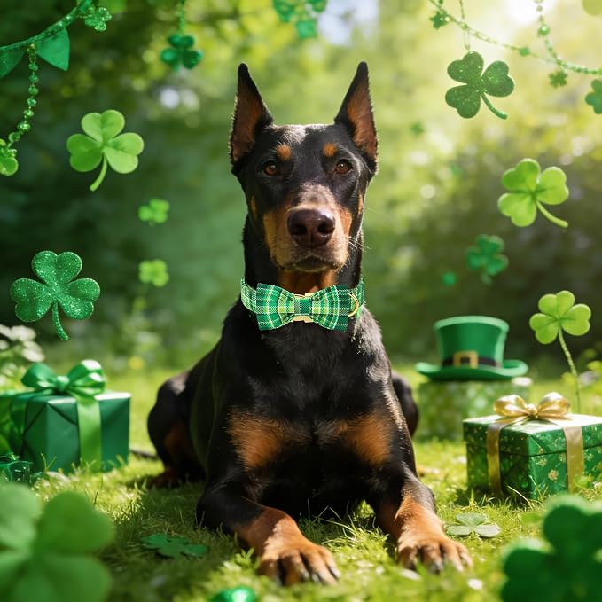 Maca Bates St. Patrick's Day Irish Plaid Dog Collar with Fancy Bow Tie,Shamrock Green Gingham Pattern for Extra Large Girl Boy Dogs,Adjustable Durable Soft Collars Gift for Male Female Puppy